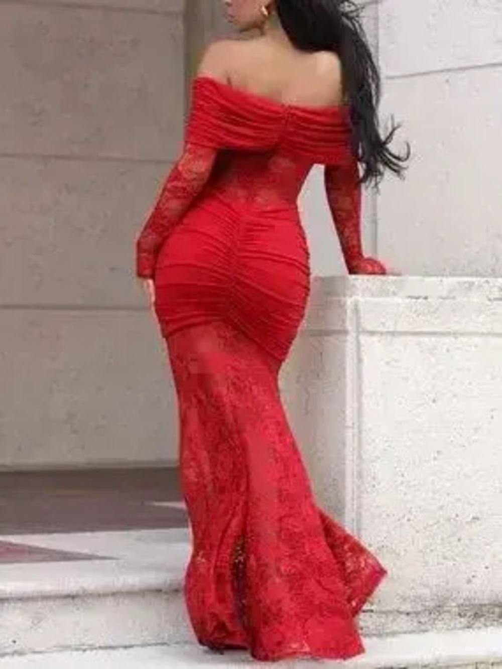 Off-Shoulder Ruched Lace Mermaid Maxi Dress - Picture 2 of 10
